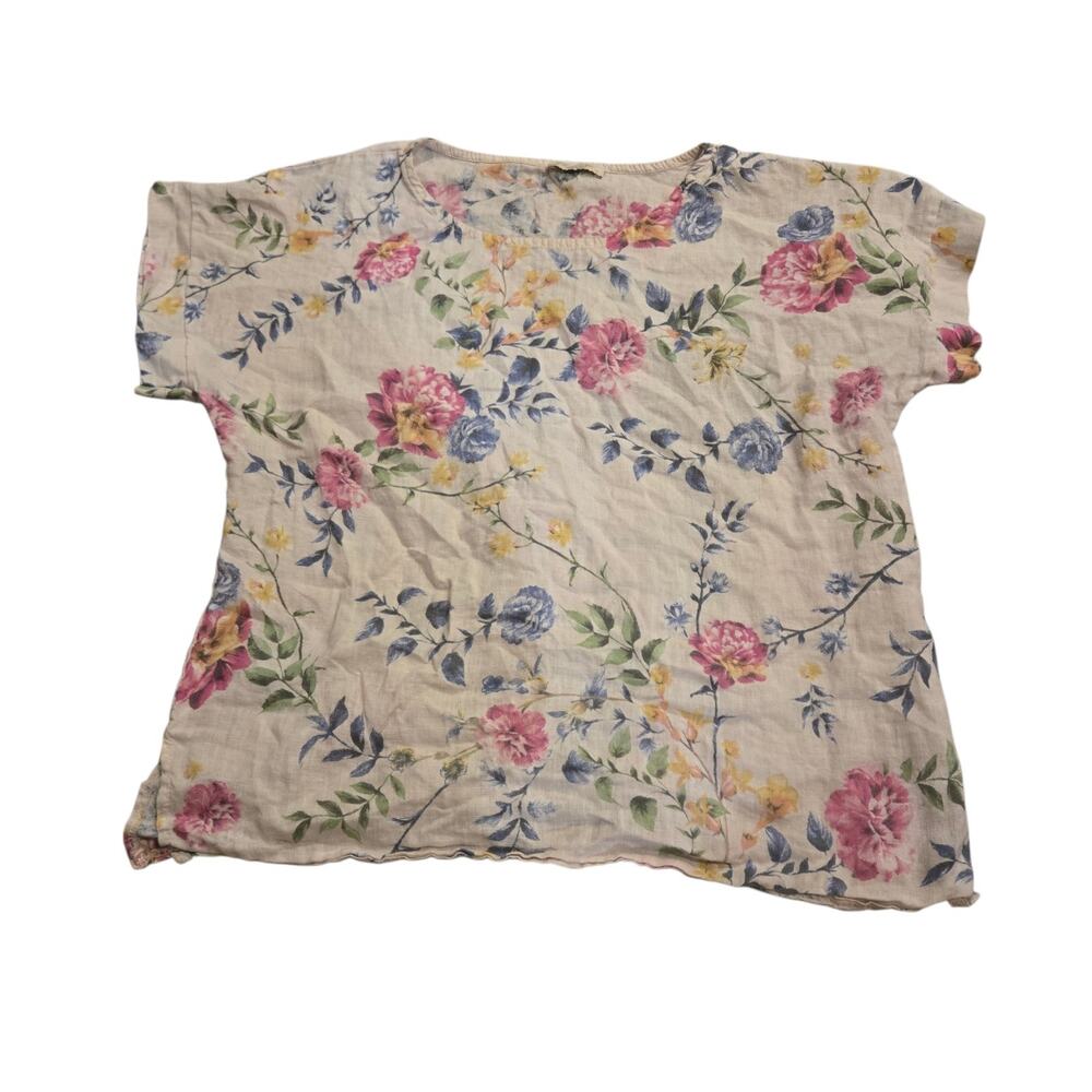 Bella Umbra 100% Linen Blouse Light Tan Floral Shortsleeve Made in Italy Size S